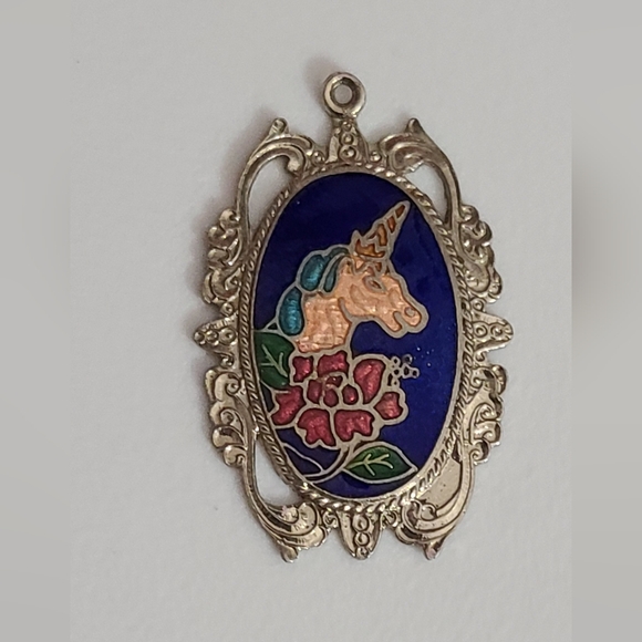 Vintage unicorn cloisonne necklace pendant flowers silver vtg estate euc - Picture 4 of 8